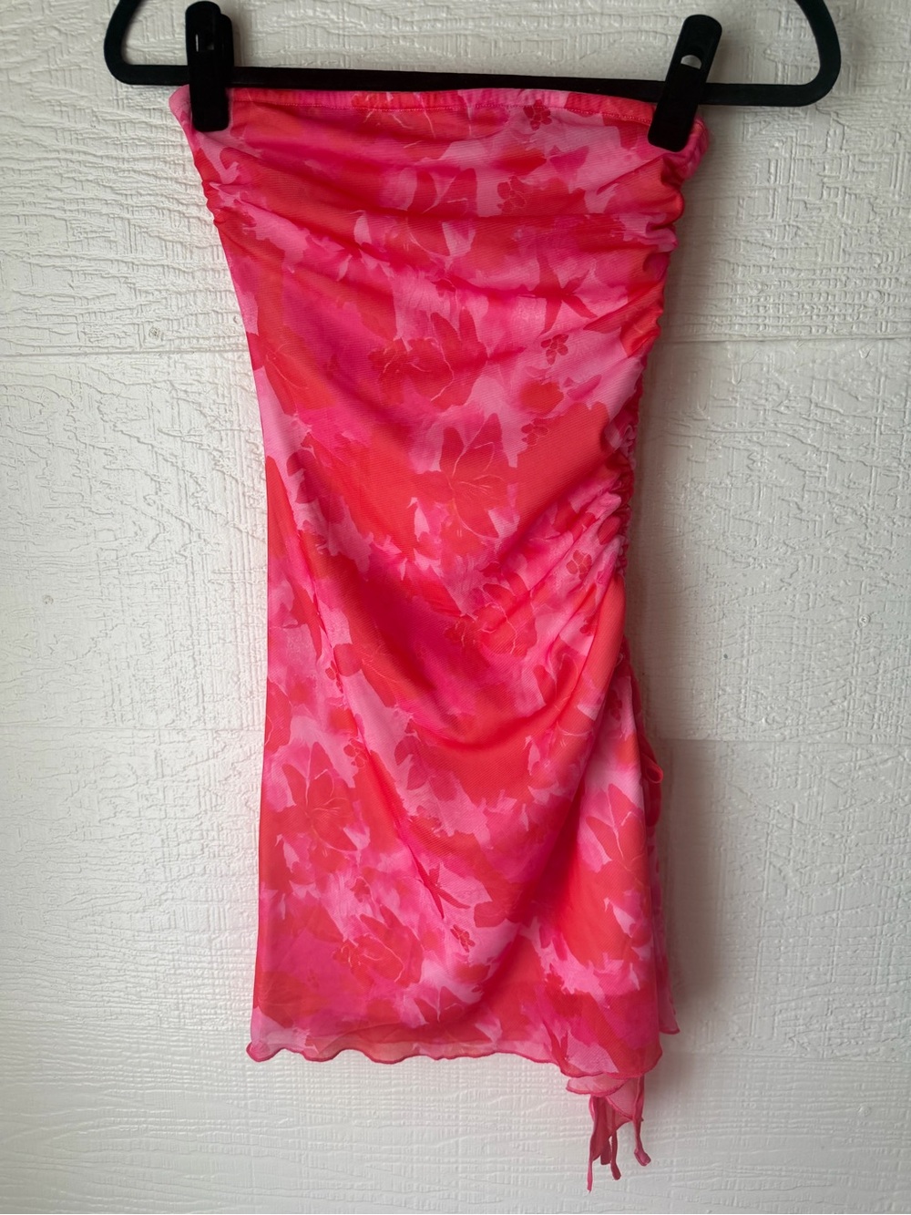 Pink Floral Strapless Mesh Ruched Mini Dress Small Adjustable Side Drawstring